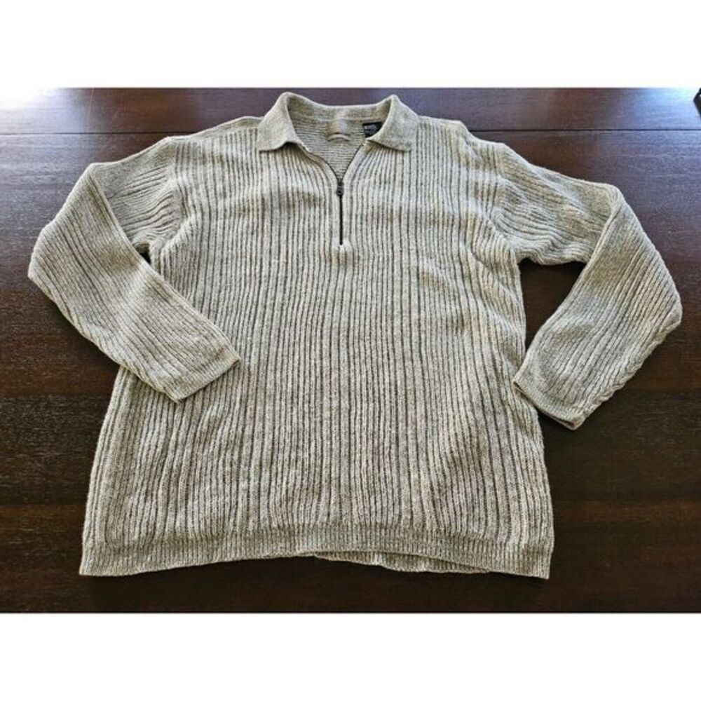 HAGGAR MENS 1/4 Zip-Up LONG SLEEVE KNITTED PULLOVER  BEIGE SWEATER SIZE L‎